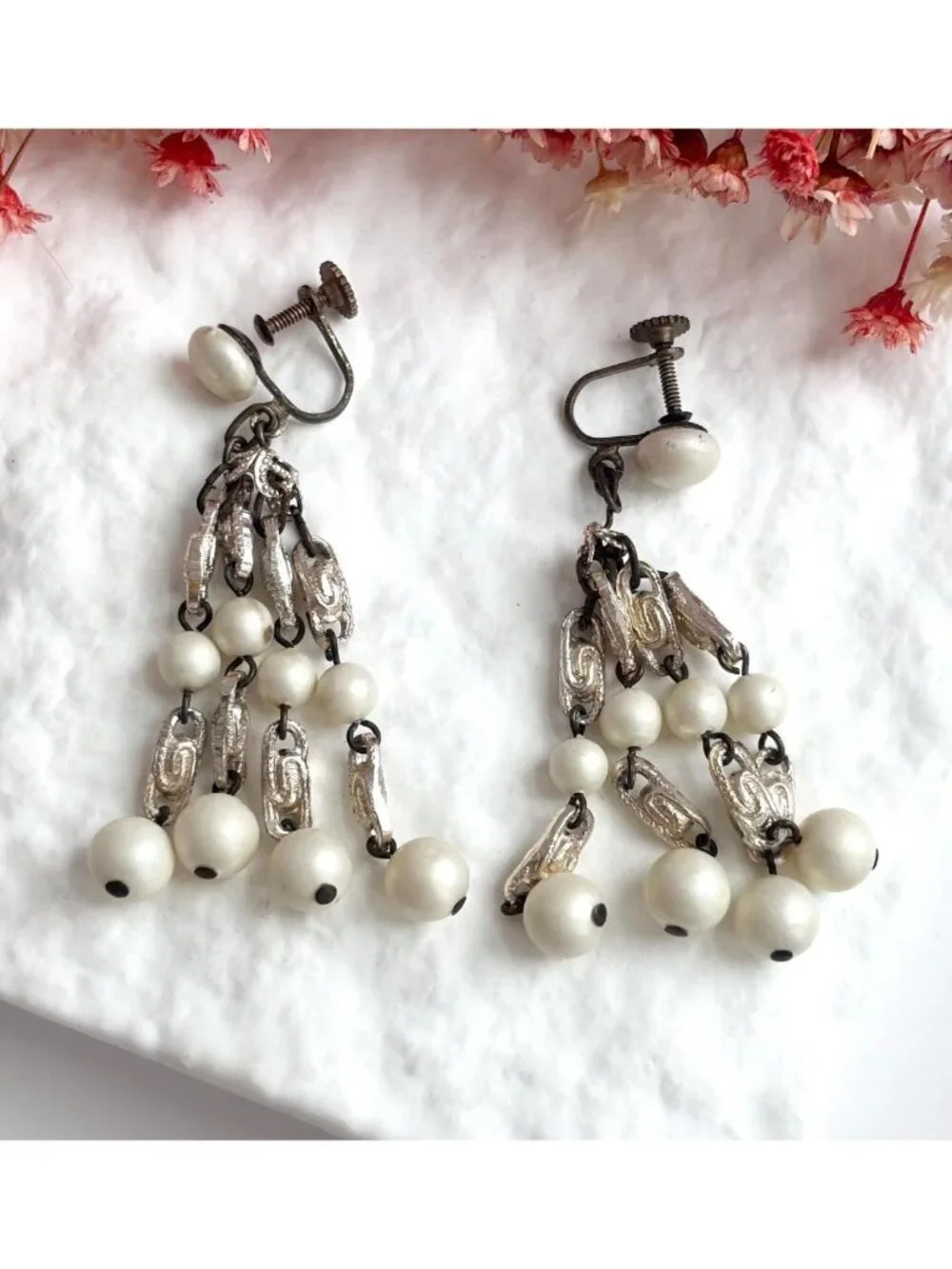 Faux Pearl Accented Silver Toned Vintage Dangle Screw Back Earrings